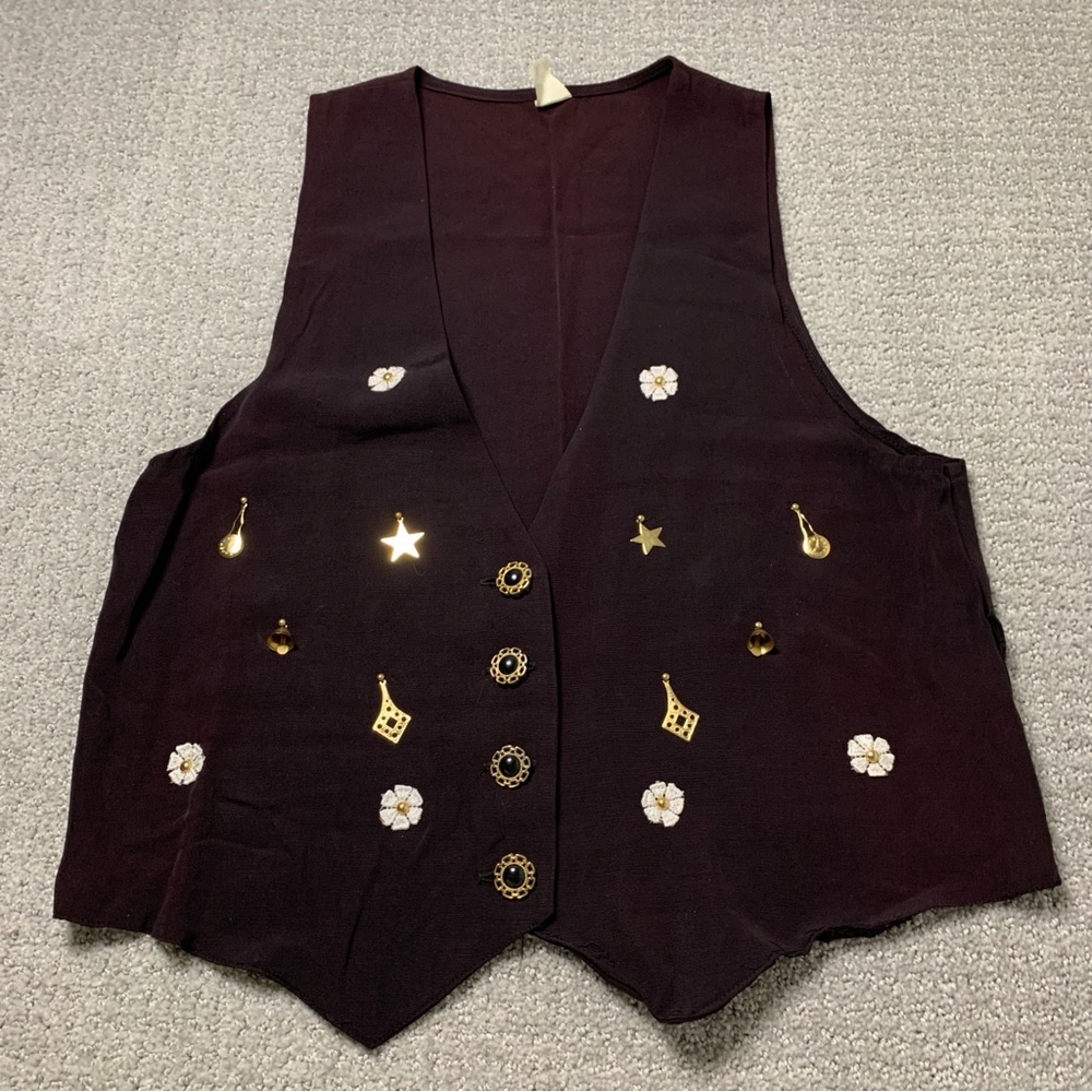 Vintage Brown Deep V Vest W/ Gold Charms Bells, Fits Large Women 4 Button - Picture 2 of 11